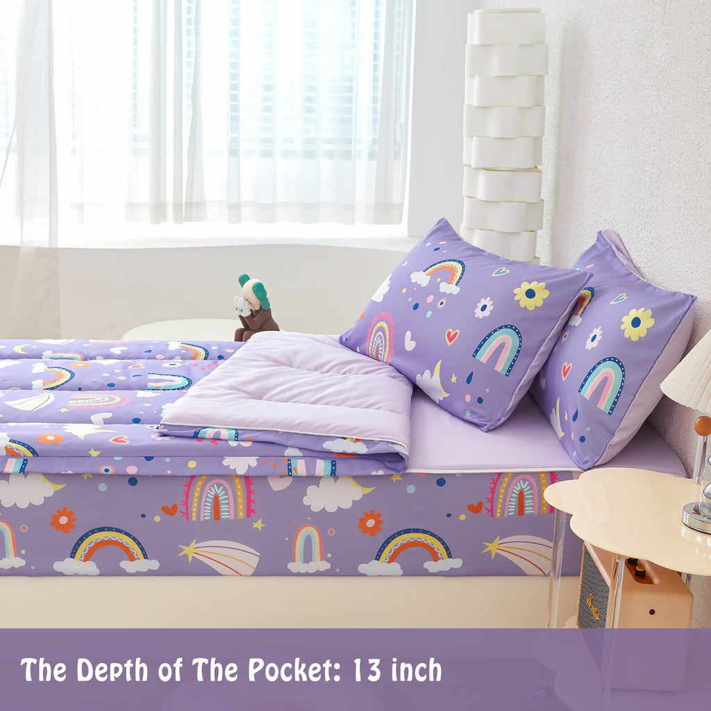 Heavyweight Warmth Zipper Kids Comforter Set, 3-Piece Purple Twin Bed in a Bag, Cartoon Rainbow Stars Flowers Printed Zip Up Comforter S... - Cloud-Like Soft Lightweight Bed Comforter Detail