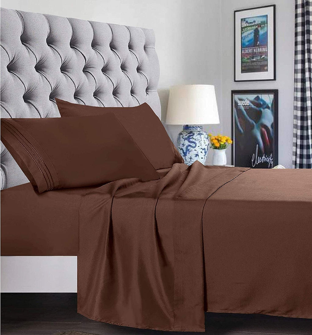 Premium Egyptian Cotton 1500 Series Microfiber Bed Sheets 4-Piece Set, Deep Pocket, Twin/Twin XL Chocolate Brown - Cooling Hotel Quality Bedding Sheets and Pillowcases Detail