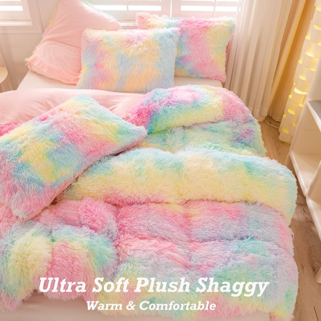 Luxurious Quilted 3Pcs Pink Faux Fur Twin Comforter Set for Girls Tie Dye Rainbow Kid Bed Set Plush Shaggy Bedding Sets Fuzzy Bed Comfo... - All-Season Down Alternative Comforter Insert Detail