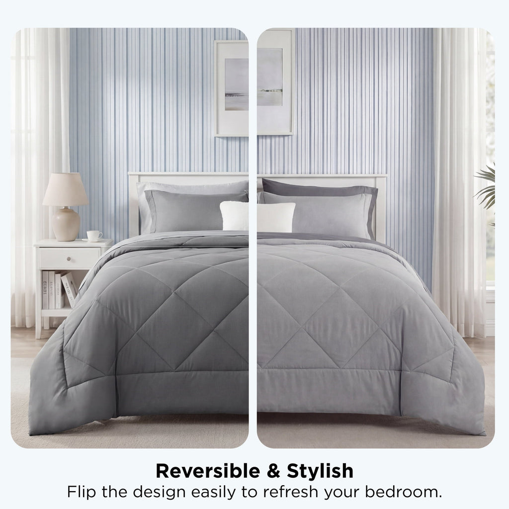 Hypoallergenic Cloud Queen Reversible Comforter Set - 7 Pieces Grey Bedding, Bed in a Bag with Alternative Comforter, Sheets, Pillowcases ... - Hypoallergenic Ultra-Fluffy Quilt for Winter Detail
