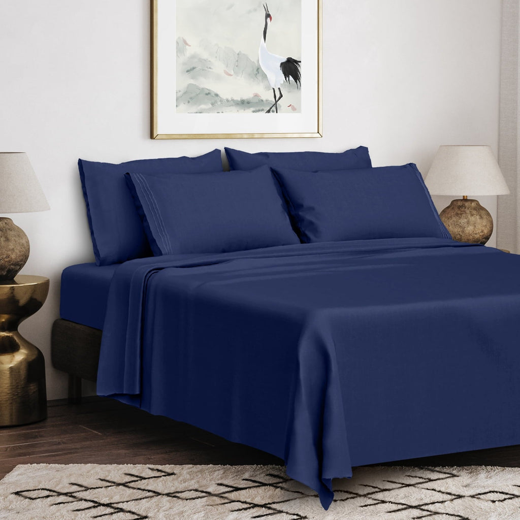 Breathable Luxury Queen Bed Sheets Set, 6 Pc Microfiber Bed Sheets, Extra Deep Pocket Queen Fitted Sheet, Flat Sheet & Pillowcases, Nav... - Luxury Bed Sheet Set with Deep Pockets Detail
