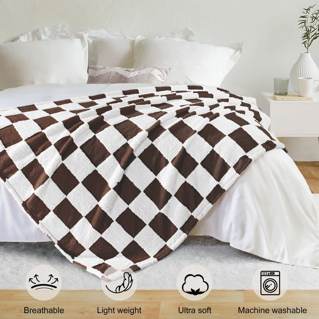 Decorative Knitted Checkered Throw Blanket, Super Soft and Warm Fluffy Fleece Blanket for Couch, Sofa, Bed, Cute Plaid Pattern, Coffee, ... - Luxury Knitted Decorative Throw Blanket with Fringes Detail