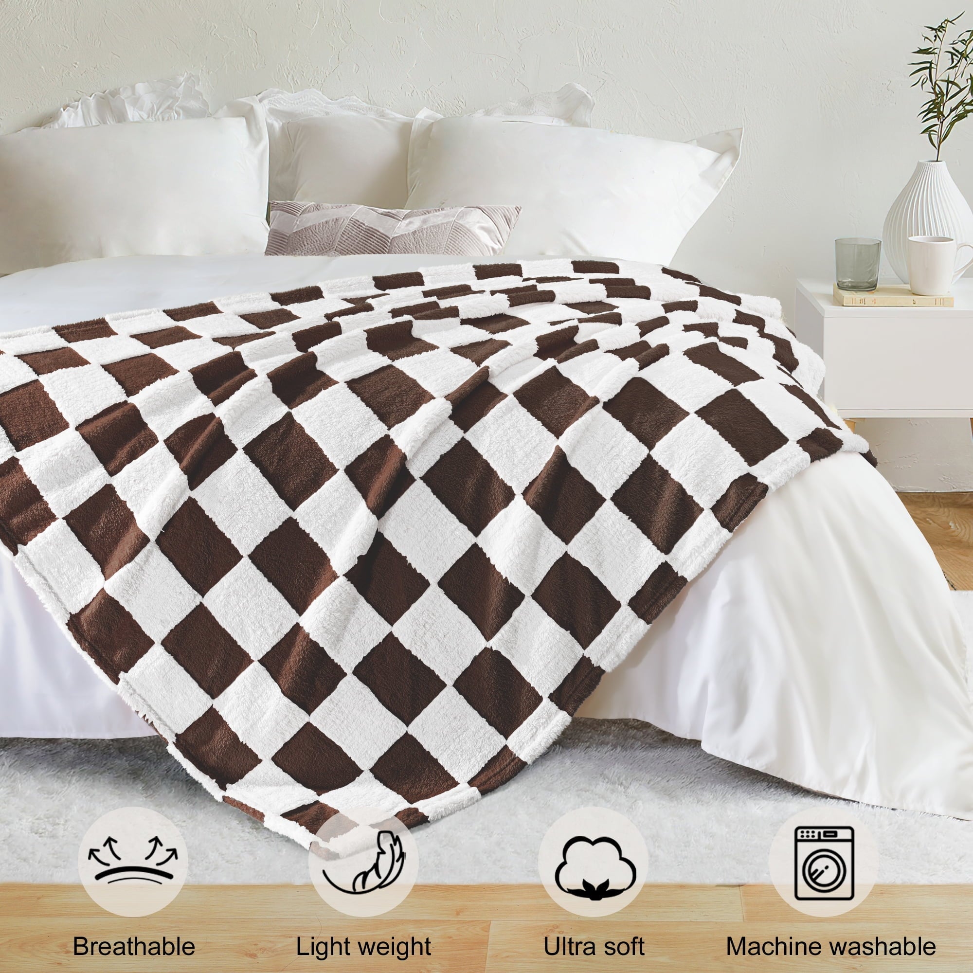 Decorative Knitted Checkered Throw Blanket, Super Soft and Warm Fluffy Fleece Blanket for Couch, Sofa, Bed, Cute Plaid Pattern, Coffee, ... - Luxury Knitted Decorative Throw Blanket with Fringes Detail