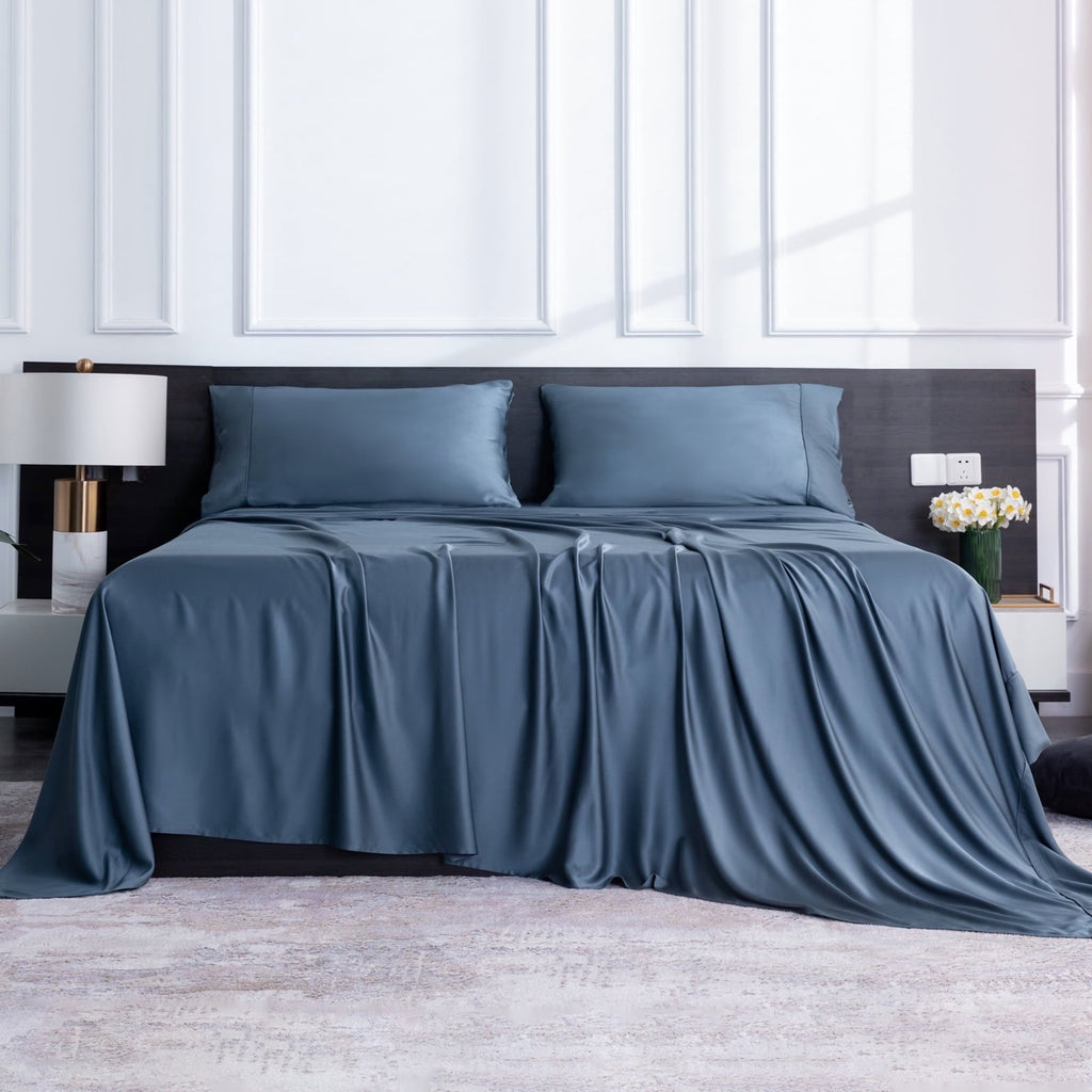 Wrinkle-Resistant Luxury Bamboo Bed Sheets Set Full 4 Pcs for Adult,Soft&Cool,16" Deep Pocket,Blue Gray - Premium Ultra-Soft Pillowcase Pair for Sleeping Detail