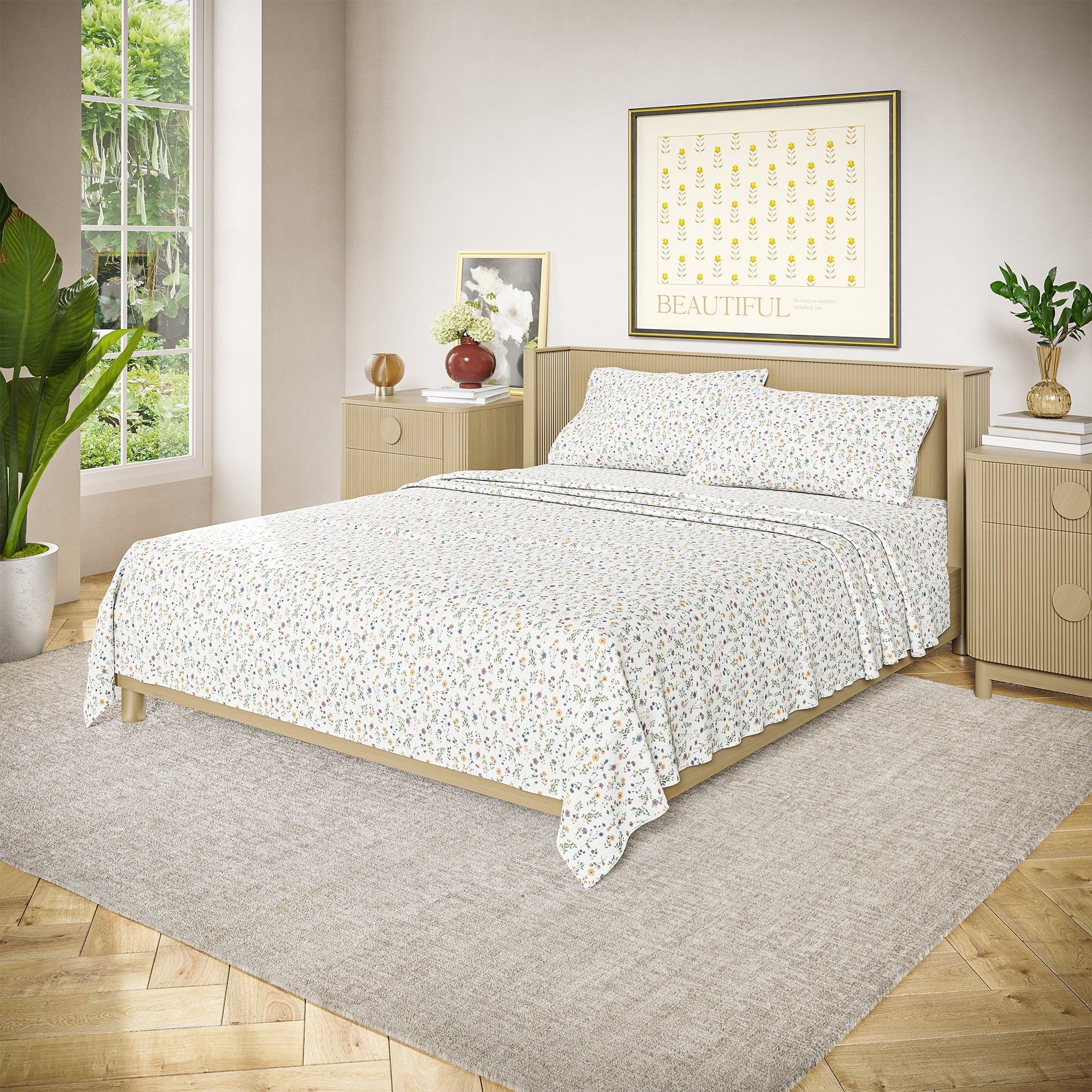 Cooling Sateen Botanical 4-Piece 100% Cotton Washed Percale White Sheet Set, Queen - Luxury Bed Sheet Set with Deep Pockets Detail