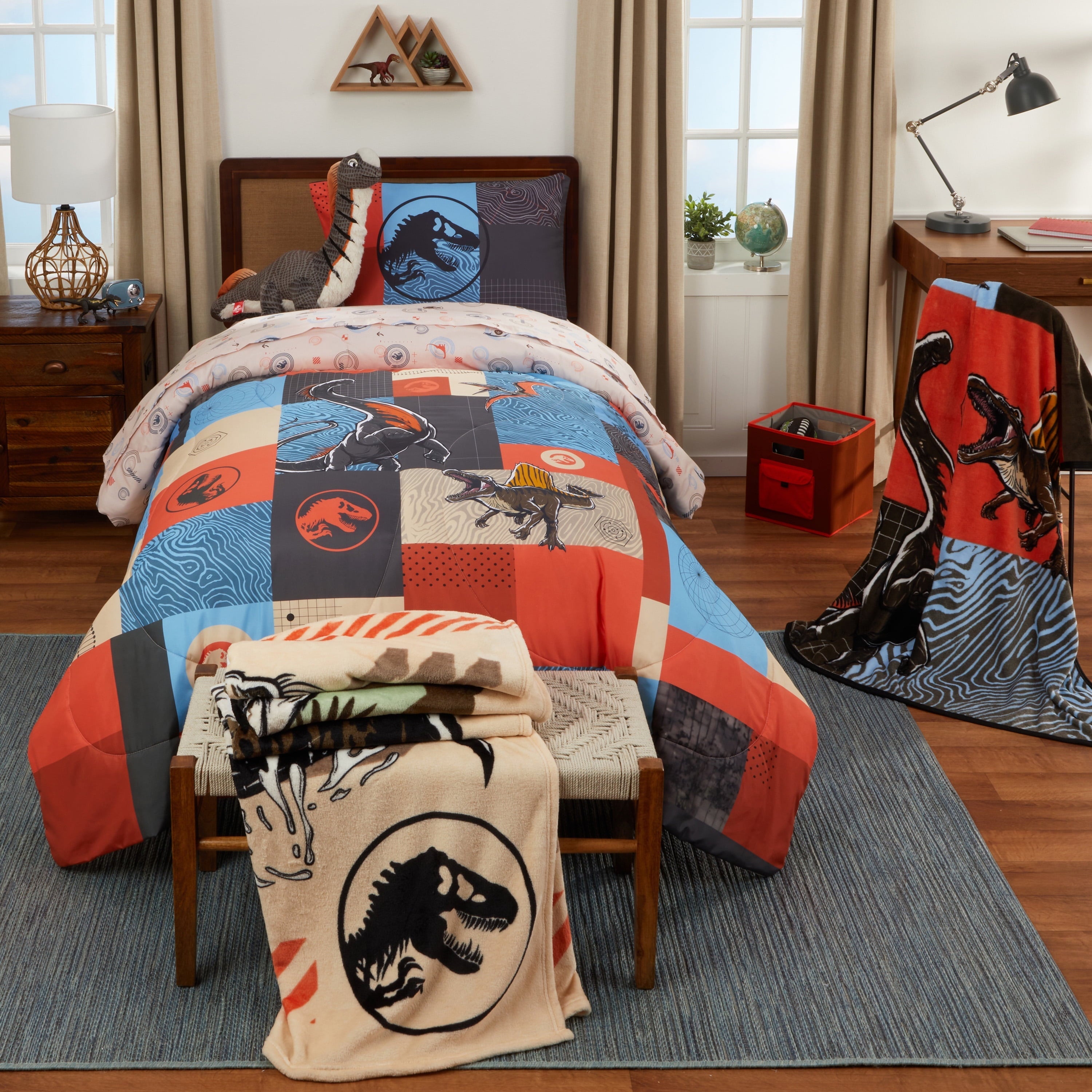 Heavyweight Warmth Kids 2 Piece Blue Orange Reversible Dinosaur Comforter and Pillowcase set, Twin/full - Hypoallergenic Ultra-Fluffy Quilt for Winter Detail