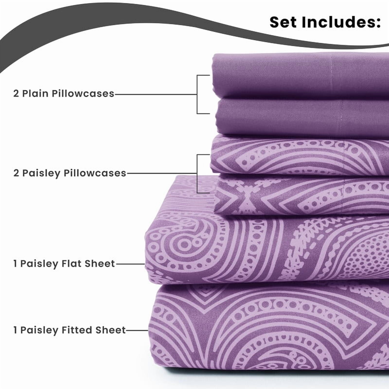 Cooling Sateen Paisley Printed Queen Bed Sheets Set, Microfiber 6 Piece Bedding Set - Purple - Cooling Hotel Quality Bedding Sheets and Pillowcases Detail