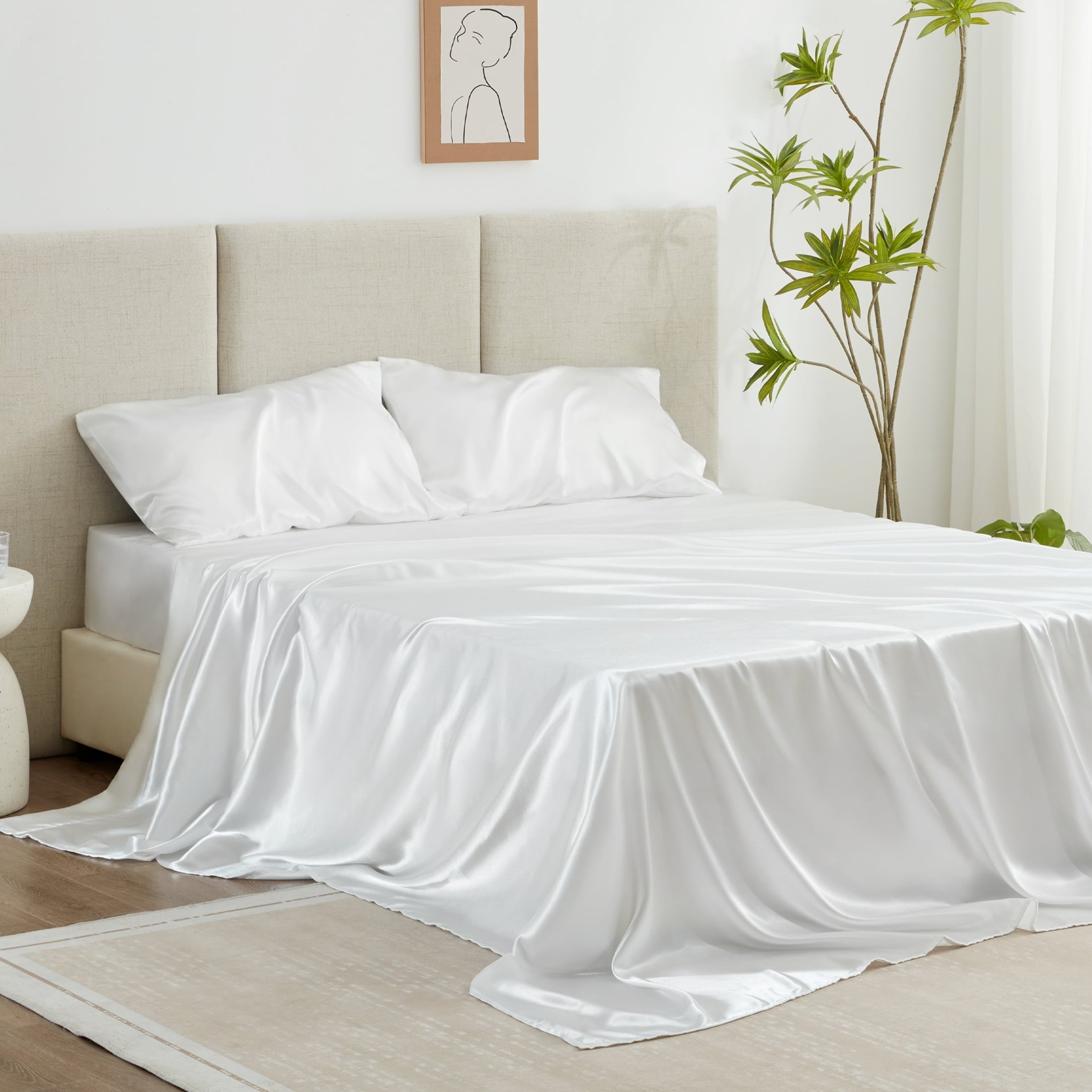 Wrinkle-Resistant Satin Sheets Full Sheet Set Deep Pocket Luxury Silky Bed Sheets for Hair and Skin 4 Pieces, White - Premium Ultra-Soft Pillowcase Pair for Sleeping Detail