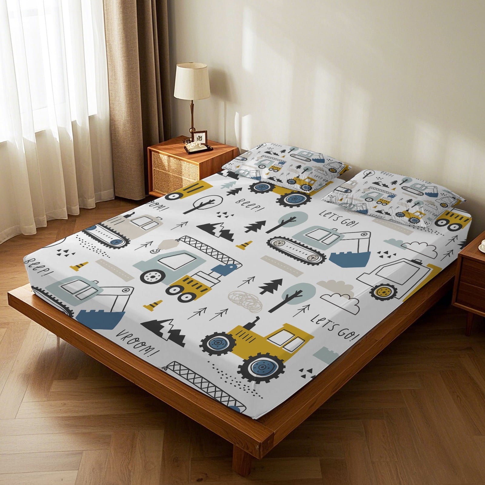 Wrinkle-Resistant Cartoon Excavator Sheet Set for Kids Boys Truck Construction Bedding Set Engineering Vehicle Bed Sheet Sets with 1 Fi... - Breathable Egyptian Cotton Flat & Fitted Sheets Detail