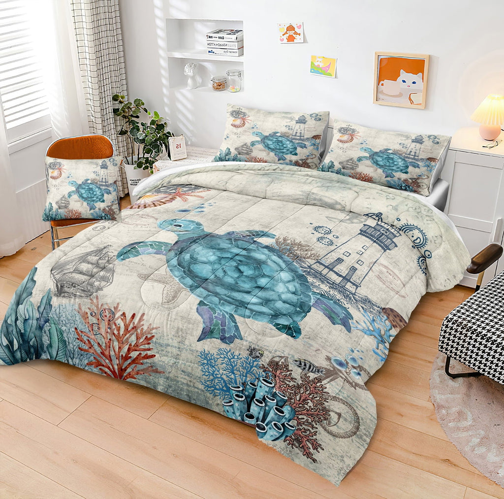 Hypoallergenic Cloud Sea Turtle Comforter Set Queen Ocean Beach Bedding Set Soft and Lightweight Retro Style Design Coastal Bedding Set - Luxurious Quilted Duvet Cover Set Detail