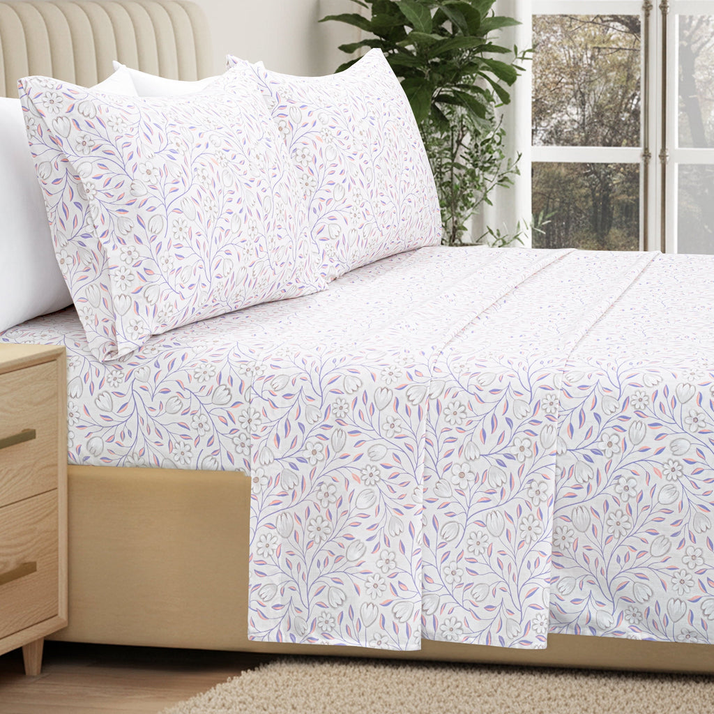 Cooling Sateen 100% Cotton Full Size Sheets,4 Piece Pure Percale Bed Sheets Set Deep Pocket Fits Mattress Upto 15",floral vine pattern - Luxury Bed Sheet Set with Deep Pockets Detail