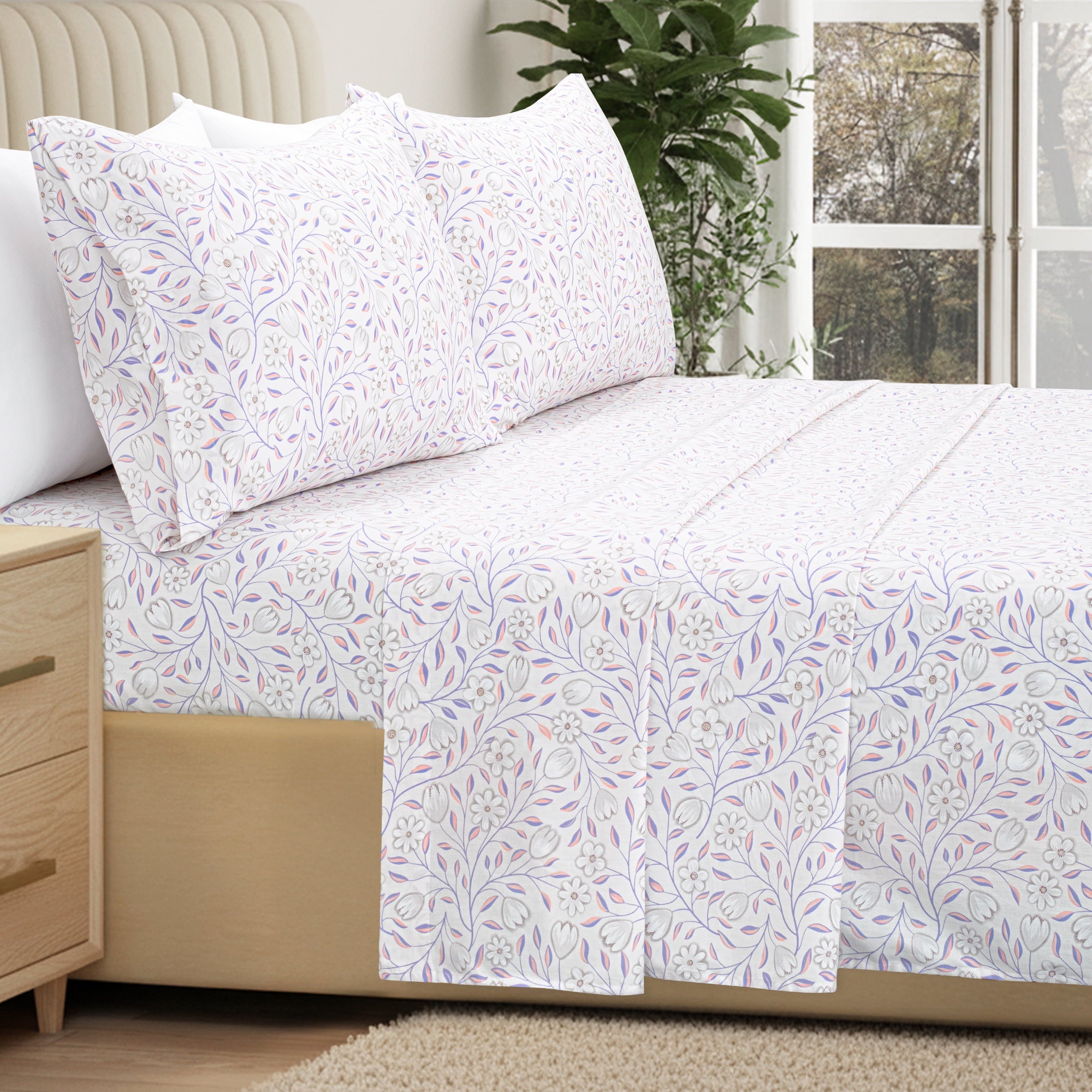 Cooling Sateen 100% Cotton Full Size Sheets,4 Piece Pure Percale Bed Sheets Set Deep Pocket Fits Mattress Upto 15",floral vine pattern - Luxury Bed Sheet Set with Deep Pockets Detail