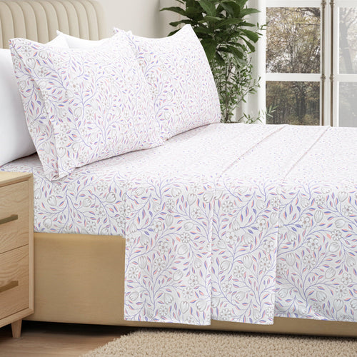 Cooling Sateen 100% Cotton Full Size Sheets,4 Piece Pure Percale Bed Sheets Set Deep Pocket Fits Mattress Upto 15",floral vine pattern - Luxury Bed Sheet Set with Deep Pockets Detail
