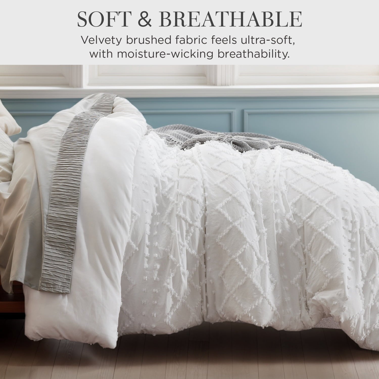 All-Season Queen Comforter Set, Boho Tufted Shabby Chic Bedding Comforter Set, 3 Pieces Farmhouse Bed Set for All Seasons, White... - All-Season Down Alternative Comforter Insert Detail