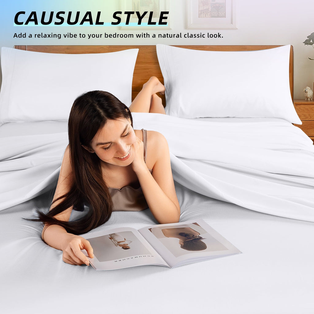 Breathable Luxury Bed Sheets Set, Microfiber Deep Pocket 4 Pieces Luxury Soft Sheet Set, Queen, White - Breathable Egyptian Cotton Flat & Fitted Sheets Detail