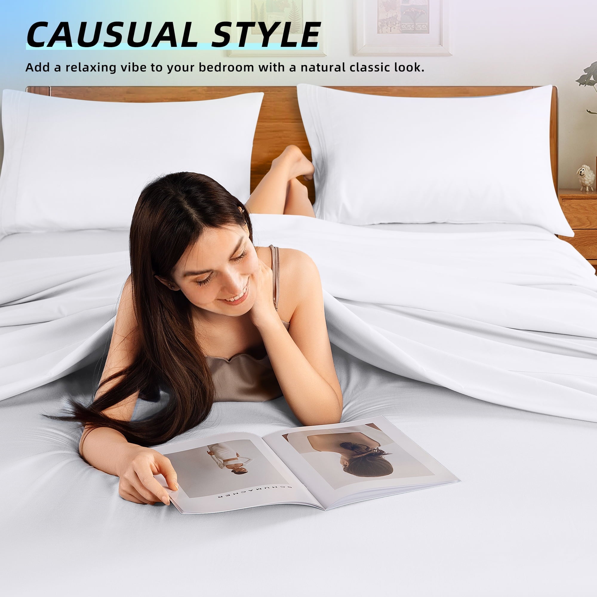 Breathable Luxury Bed Sheets Set, Microfiber Deep Pocket 4 Pieces Luxury Soft Sheet Set, Queen, White - Breathable Egyptian Cotton Flat & Fitted Sheets Detail