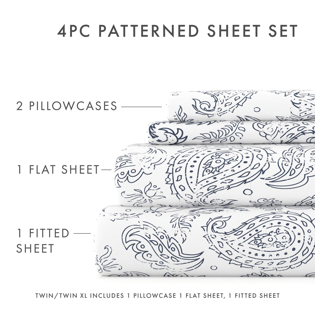 Premium Egyptian Cotton 4 Piece Pattern Microfiber Bed Sheets Set, Navy Coarse Paisley, Full - Breathable Egyptian Cotton Flat & Fitted Sheets Detail