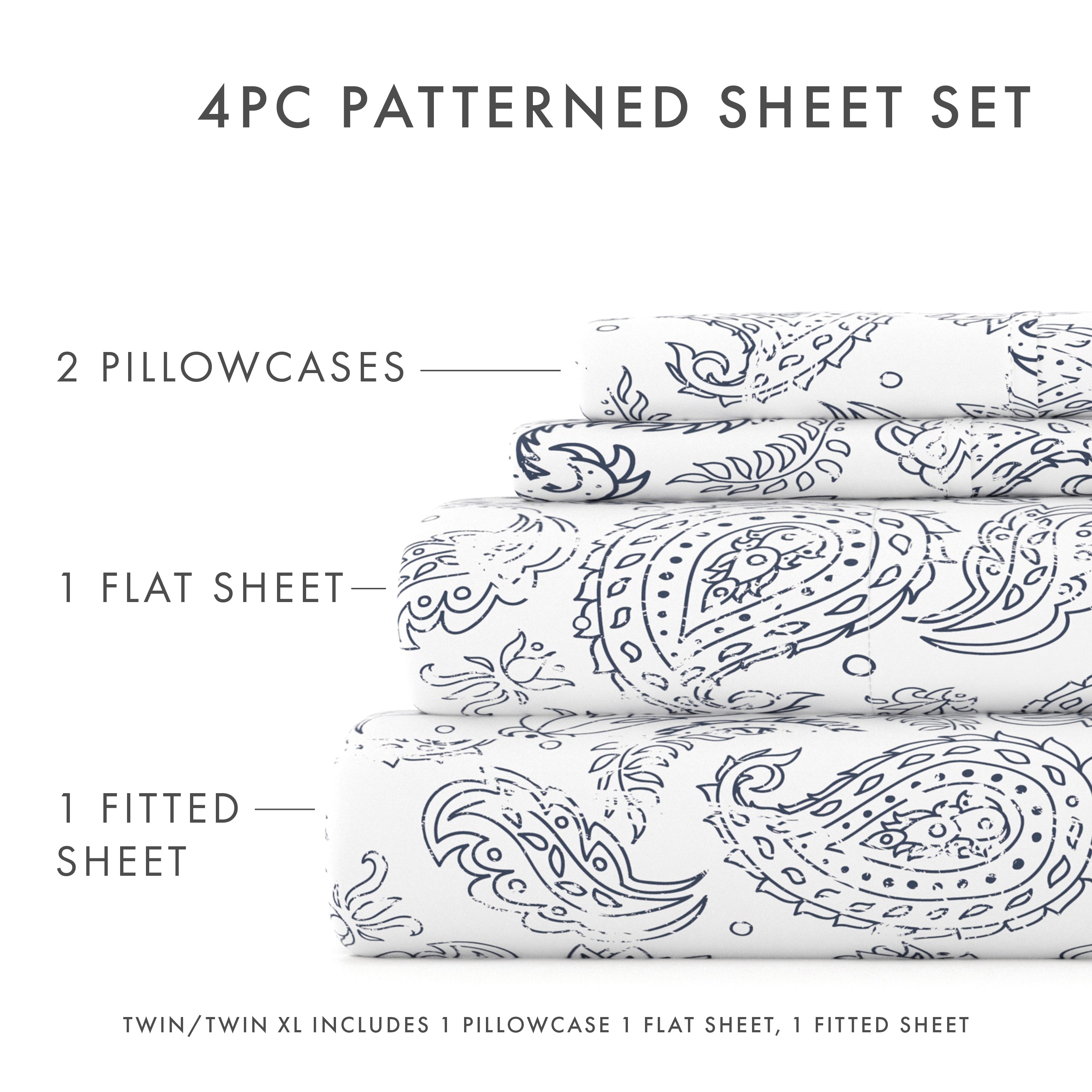 Premium Egyptian Cotton 4 Piece Pattern Microfiber Bed Sheets Set, Navy Coarse Paisley, Full - Breathable Egyptian Cotton Flat & Fitted Sheets Detail