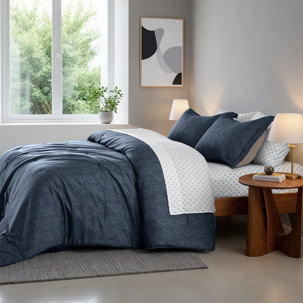 All-Season Queen Size Comforter Set, 7-Piece Reversible Bed in a Bag with Sheets, Navy - Cloud-Like Soft Lightweight Bed Comforter Detail