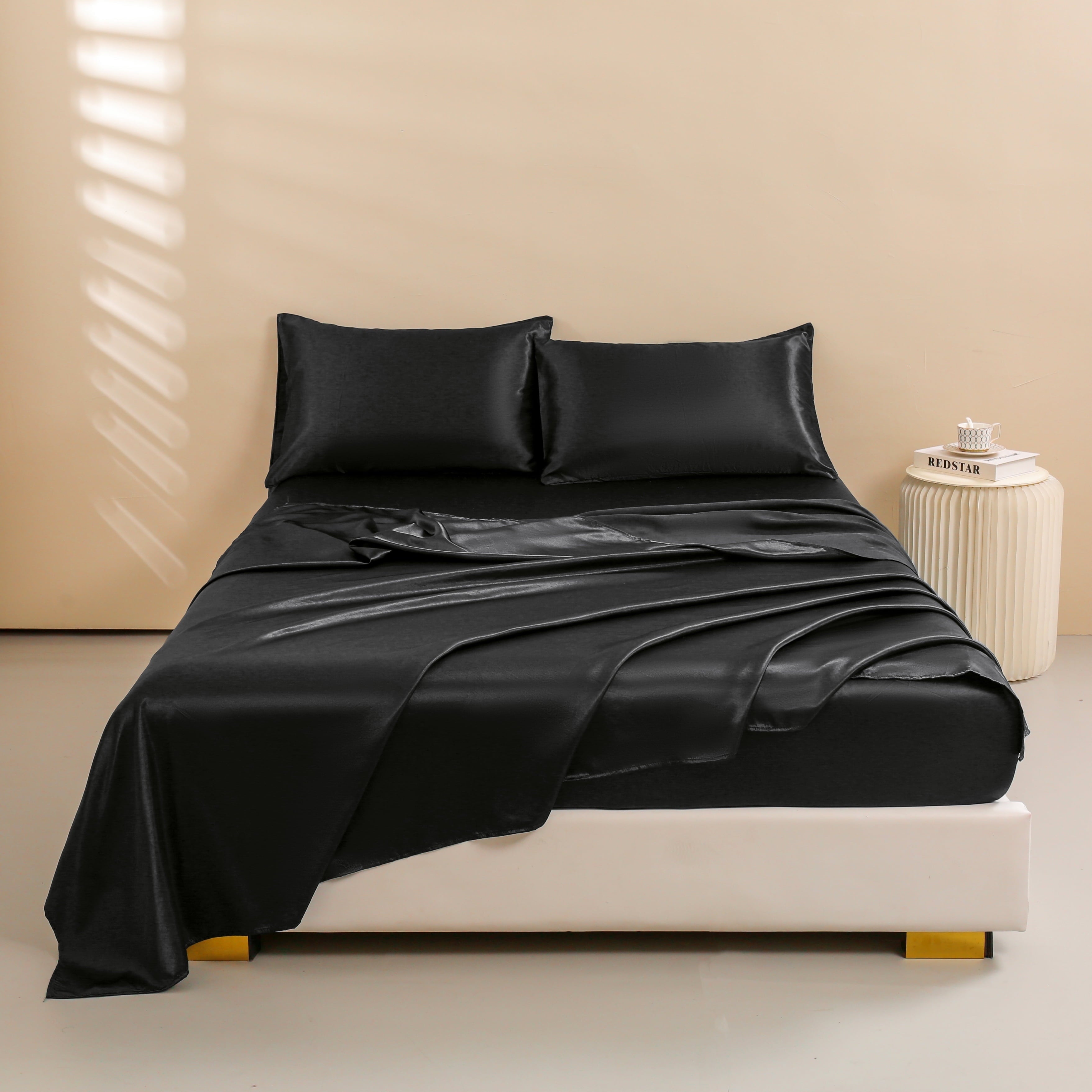 Breathable Luxury 4Pcs Black Satin Sheets Queen Set Silk Sheets 13" Deep Pocket Ultra Soft silky Bed Sheet Set - Premium Ultra-Soft Pillowcase Pair for Sleeping Detail