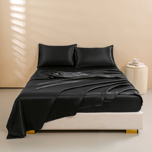 Breathable Luxury 4Pcs Black Satin Sheets Queen Set Silk Sheets 13" Deep Pocket Ultra Soft silky Bed Sheet Set - Premium Ultra-Soft Pillowcase Pair for Sleeping Detail