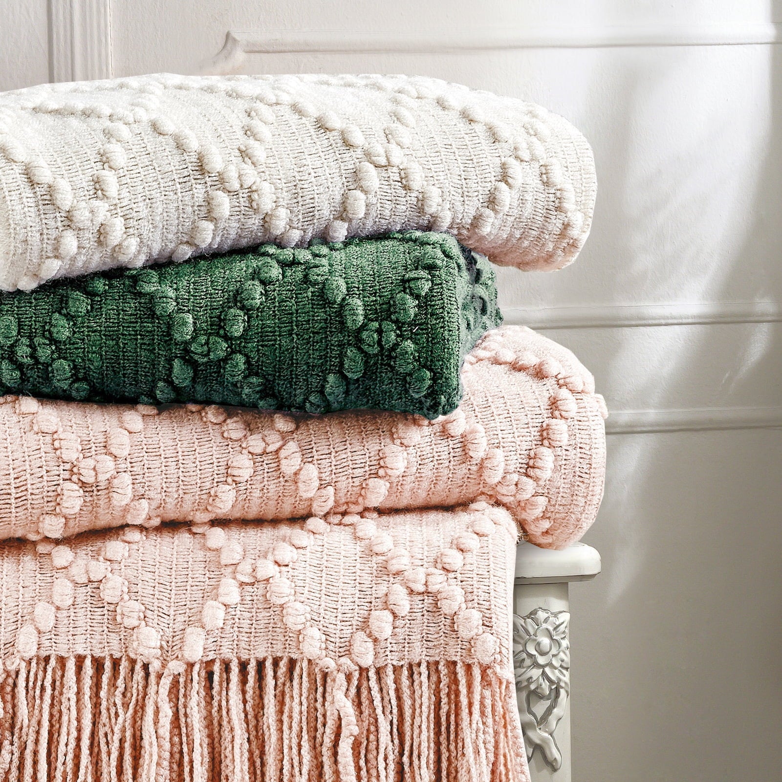 Lightweight Warm Texture Pure Color Soft Throw Blanket and Sofa Or Bed Knitted Decorative Blanket 50 x70 inches Jacquard Diamond Beige... - Luxury Knitted Decorative Throw Blanket with Fringes Detail