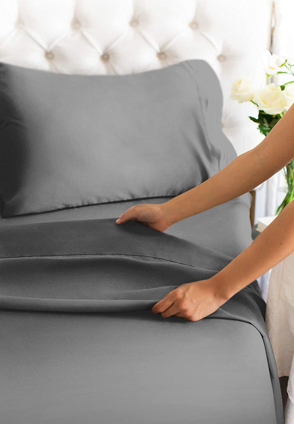 Breathable Luxury 4-Piece Extra Deep Pocket Sheet Set - Full Size Breathable & Cooling Bed Sheets Fits 18"-24" Mattresses, Gray - Luxury Bed Sheet Set with Deep Pockets Detail