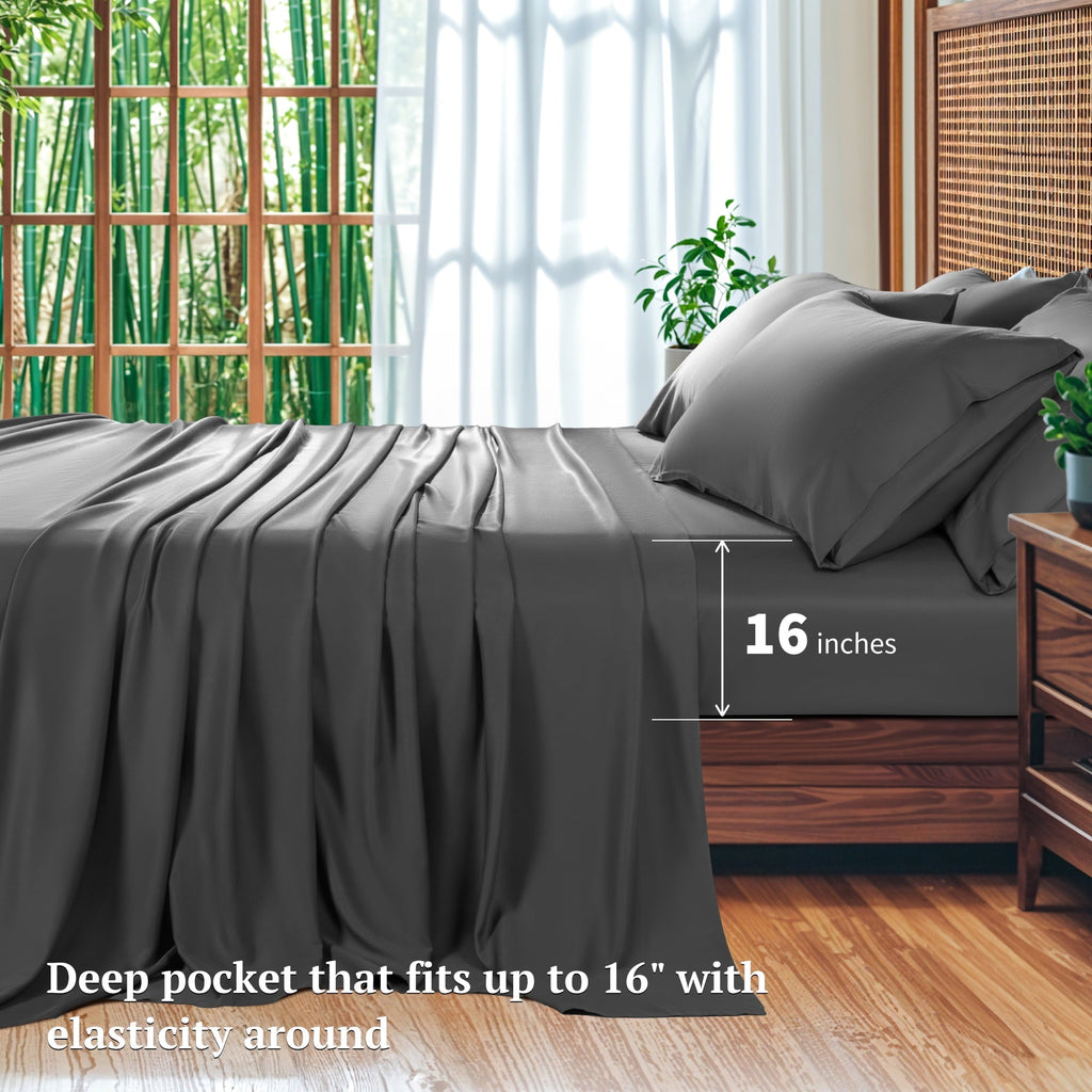 Wrinkle-Resistant 6 Pieces Bamboo Bed Sheets Set, Luxury Rayon Derived - Deep Pockets - Wrinkle Free - Extremely Soft, Queen, Dark Gray - Cooling Hotel Quality Bedding Sheets and Pillowcases Detail