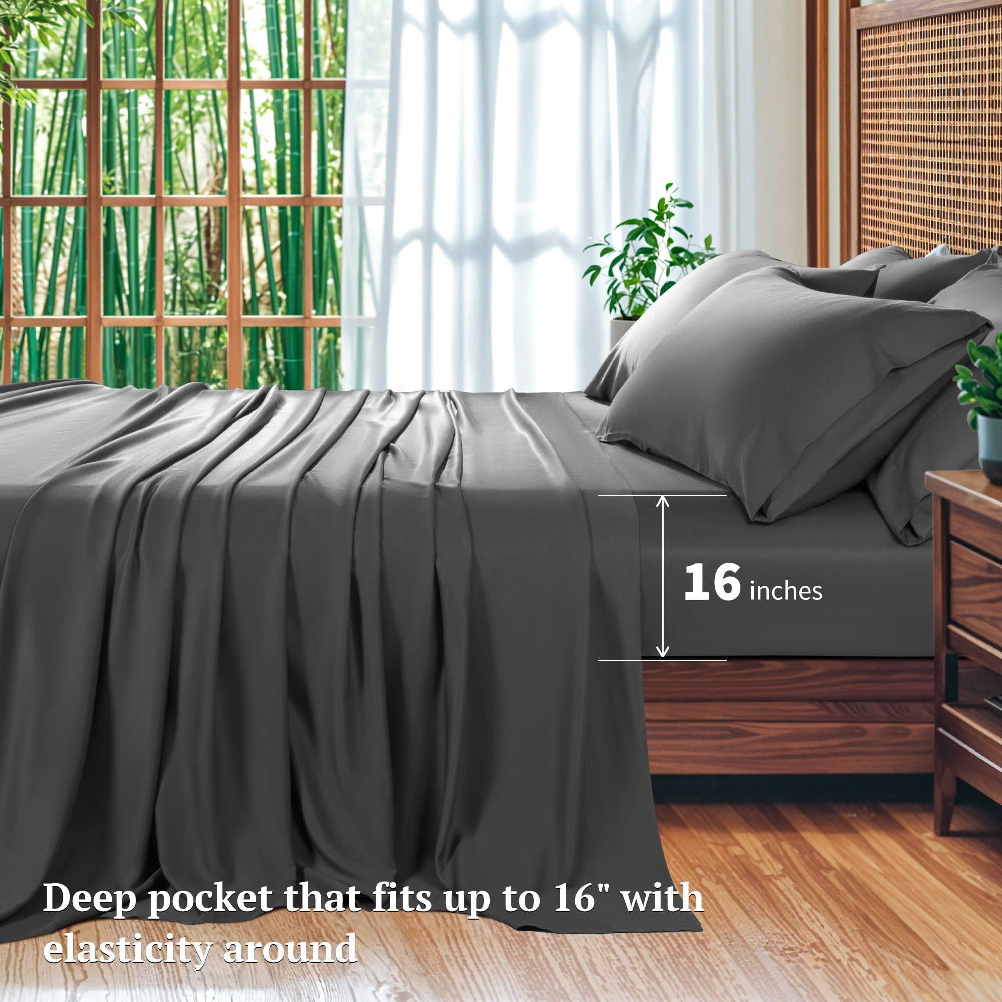 Wrinkle-Resistant 6 Pieces Bamboo Bed Sheets Set, Luxury Rayon Derived - Deep Pockets - Wrinkle Free - Extremely Soft, Queen, Dark Gray - Cooling Hotel Quality Bedding Sheets and Pillowcases Detail