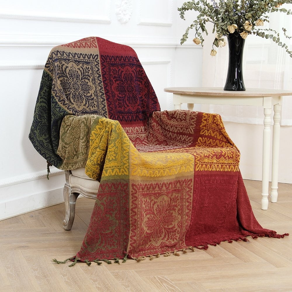 Reversible Sherpa 75x60 Inch Machine Wash Boho Tribal Throws Blankets Colorful Bohemian Hippie Chenille Throw Covers Couch Furniture So... - Lightweight Plush Warm Blanket for All Seasons Detail