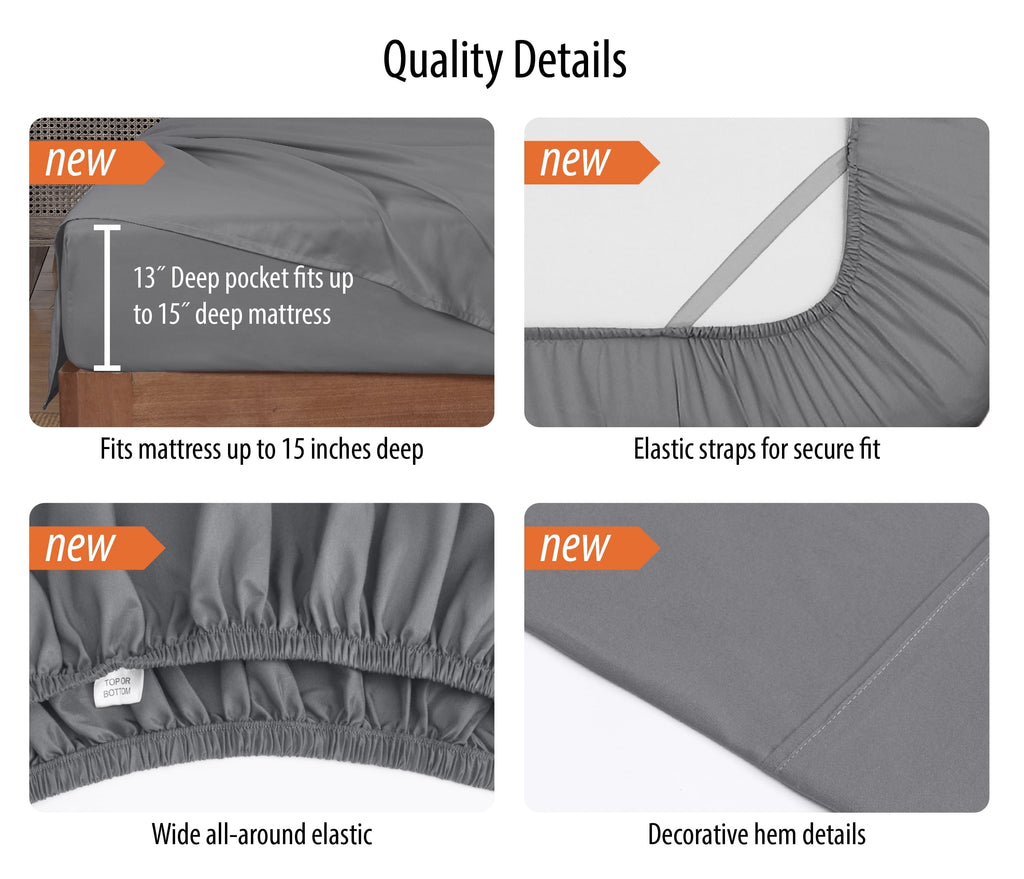 Premium Egyptian Cotton Super Soft Brushed Microfiber Bed Sheet Set, Soothing Gray, Queen, 4 Piece - Premium Ultra-Soft Pillowcase Pair for Sleeping Detail