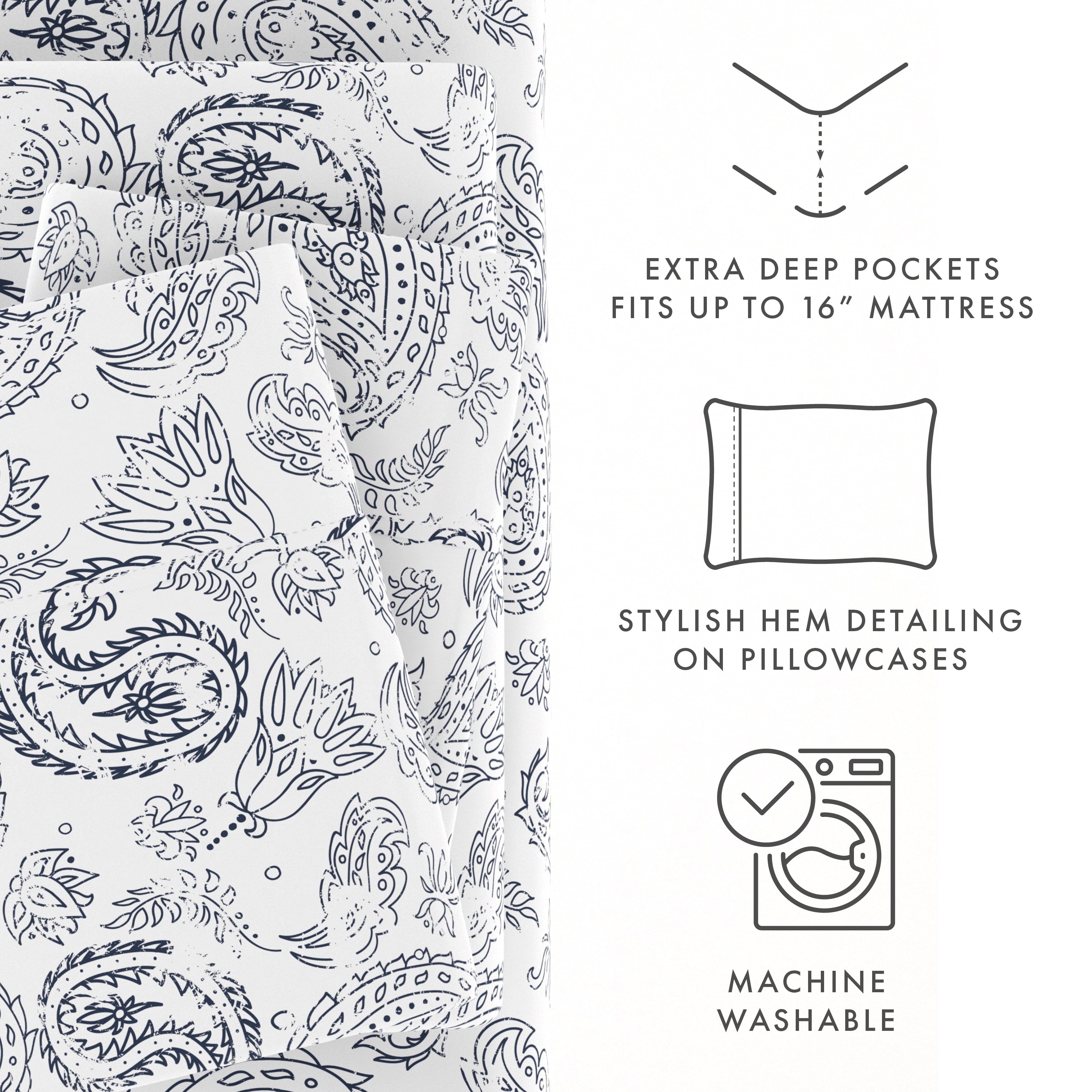Premium Egyptian Cotton 4 Piece Pattern Microfiber Bed Sheets Set, Navy Coarse Paisley, Full - Breathable Egyptian Cotton Flat & Fitted Sheets Detail