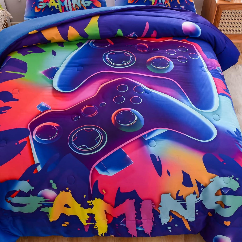 Heavyweight Warmth Purple Queen Gaming Comforter Sets for Boys Kids Bedding Sets Colorful Games Console Gamer Quilt Set - Luxurious Quilted Duvet Cover Set Detail