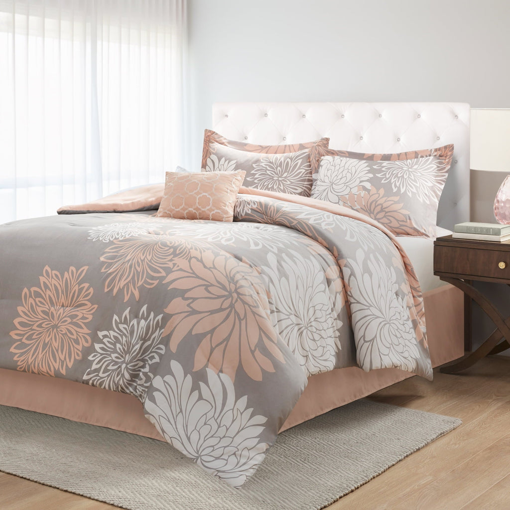 Fluffy Down Alternative King Size Comforter Set, 5-Piece Floral Bedding Set for All Season, Blush Comforter Set King with Bed Skirt - Hypoallergenic Ultra-Fluffy Quilt for Winter Detail