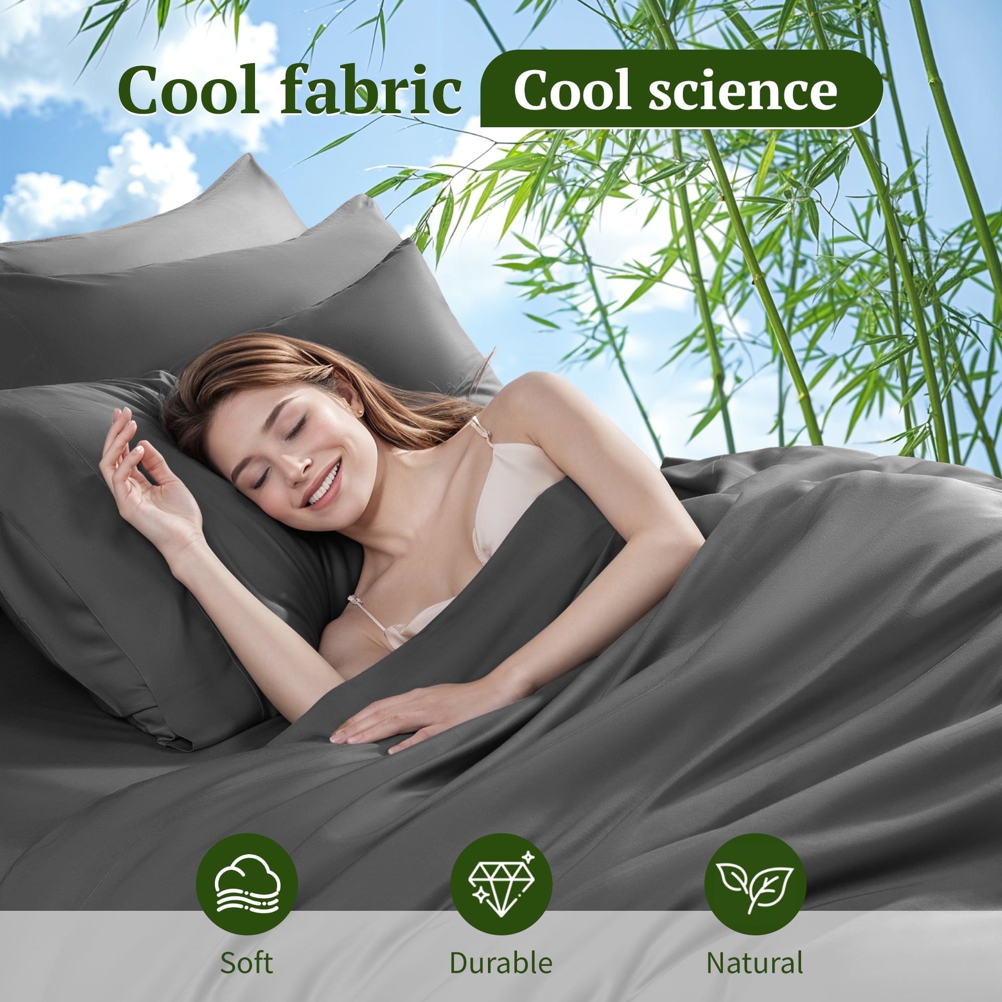 Wrinkle-Resistant 6 Pieces Bamboo Bed Sheets Set, Luxury Rayon Derived - Deep Pockets - Wrinkle Free - Extremely Soft, Queen, Dark Gray - Cooling Hotel Quality Bedding Sheets and Pillowcases Detail