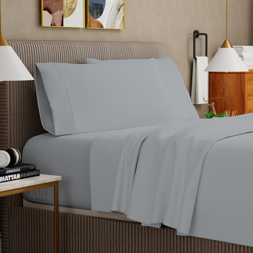 Cooling Sateen Soft Finish Microfiber Percale Queen Bed Sheet Set – 4-Piece Lightweight, Wrinkle-Resistant, Quick-Dry, Light Gray - Cooling Hotel Quality Bedding Sheets and Pillowcases Detail
