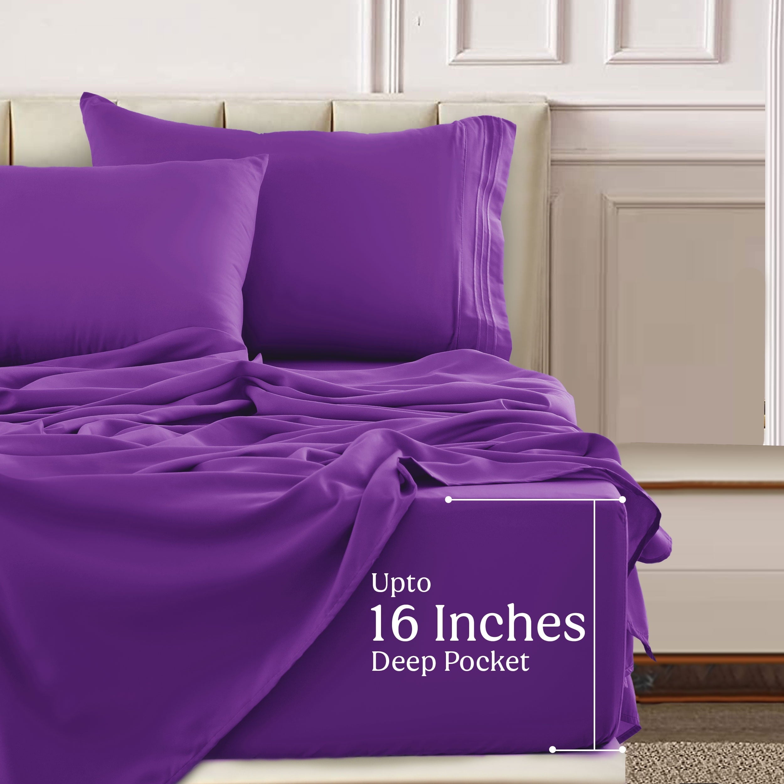 Premium Egyptian Cotton King Bed Sheets - 16 Inch Deep Pocket 6 Piece Microfiber Bedding Sheets & Pillowcase Sets - Purple - Luxury Bed Sheet Set with Deep Pockets Detail