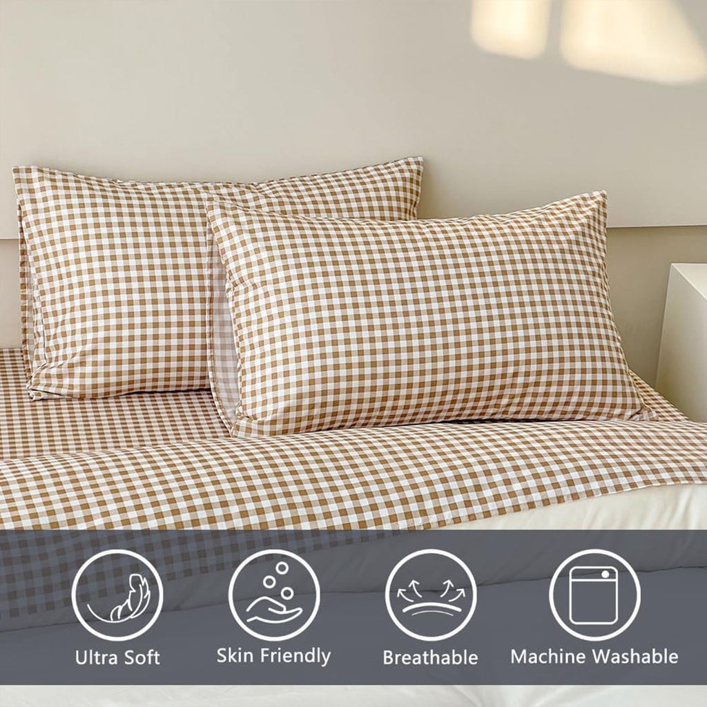 Wrinkle-Resistant Sheet Set, Soft Brushed Microfiber Taupe Plaid Sheets, 4-Piece Brown Grid Set with Deep Pocket - Premium Ultra-Soft Pillowcase Pair for Sleeping Detail