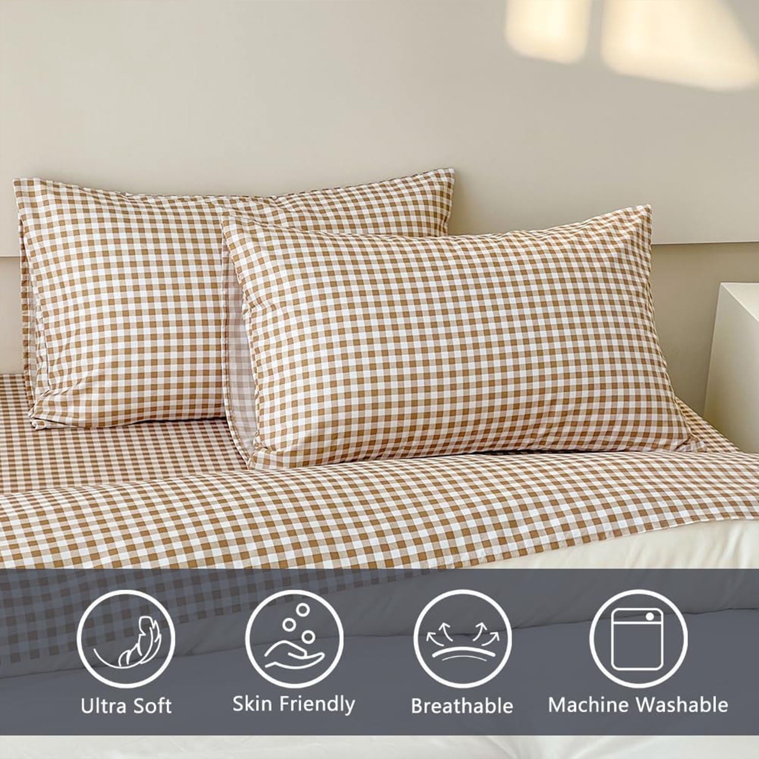 Wrinkle-Resistant Sheet Set, Soft Brushed Microfiber Taupe Plaid Sheets, 4-Piece Brown Grid Set with Deep Pocket - Premium Ultra-Soft Pillowcase Pair for Sleeping Detail
