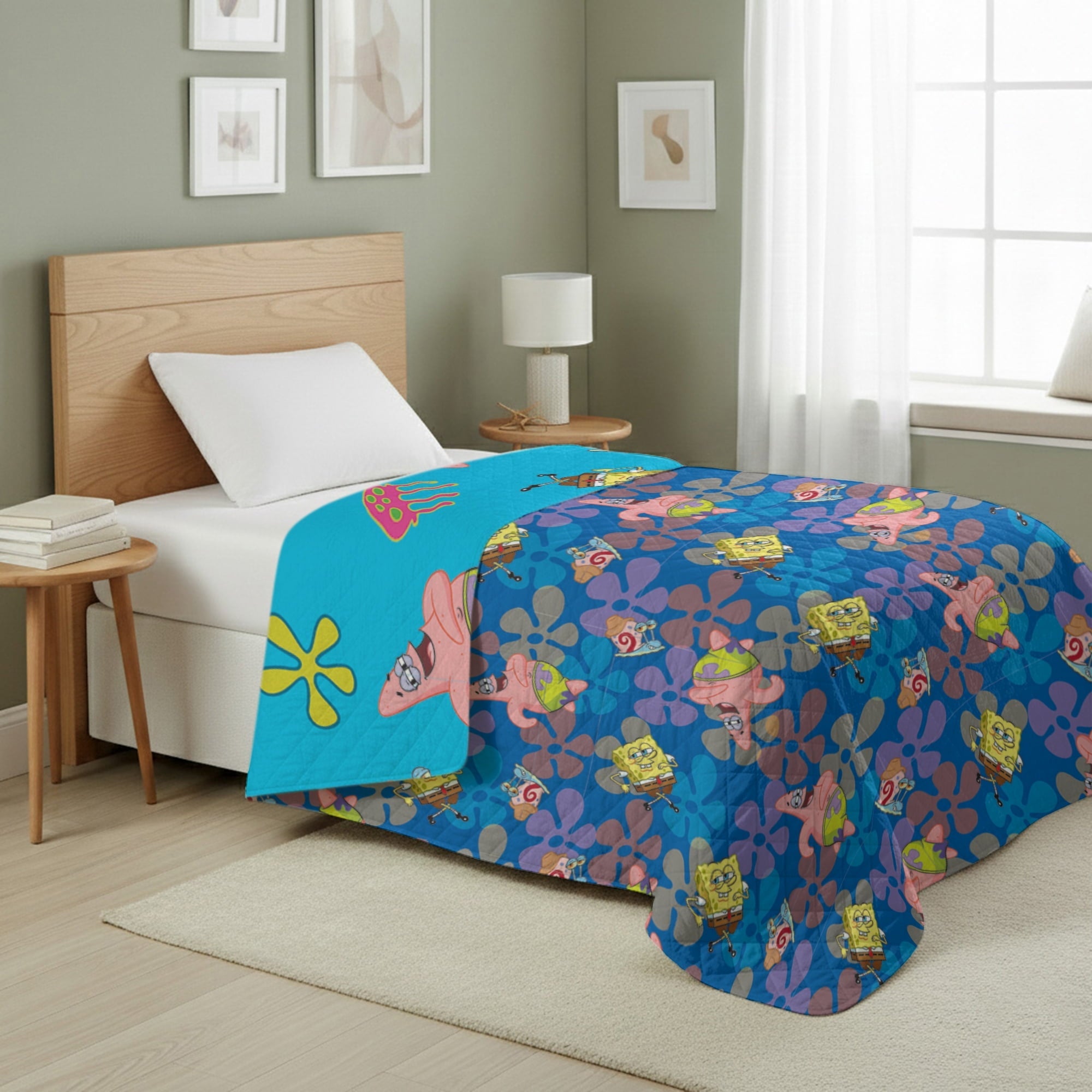 Decorative Knitted Spongebob Tropical Waltz Quilted Throw Blanket 60x80 inches, Kids Character Bedding - Cozy Fleece Throw Blanket for Couch & Bed Detail