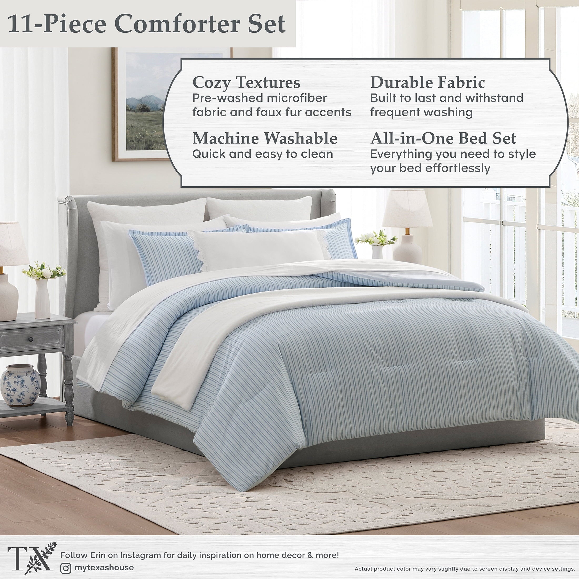 Fluffy Down Alternative Stripe 11-Piece Comforter Set with Sheets, Blue, Queen - Luxurious Quilted Duvet Cover Set Detail