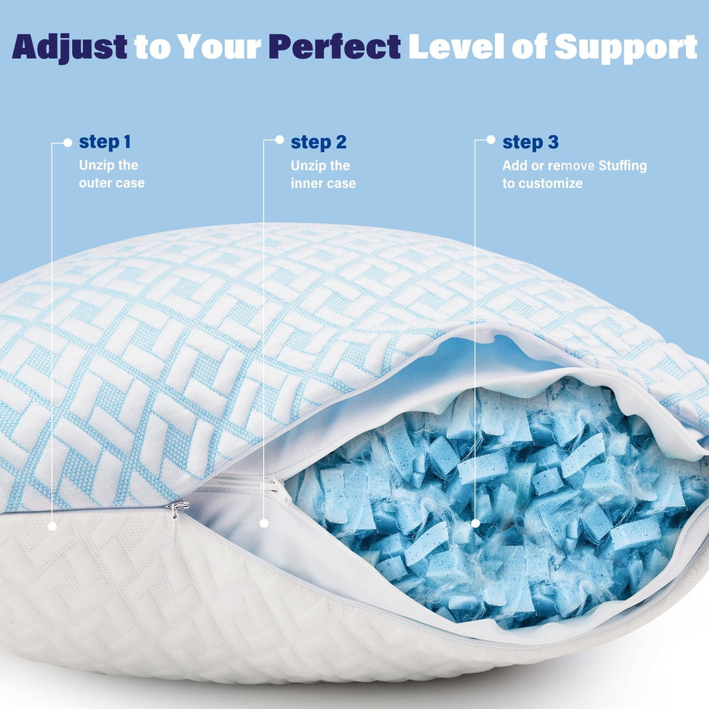 Orthopedic Support Cooling Bed Pillows for Sleeping Shredded Memory Foam Pillows Queen Size Set of 2 Pack - Orthopedic Shredded Foam Bed Pillow Set Detail