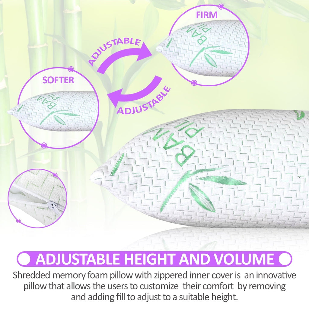 Decorative Plump King Size Bamboo Pillow, Memory Foam Bed Pillows with Washable Pillowcases, King - Hotel Quality Plush Sleeping Pillows Detail