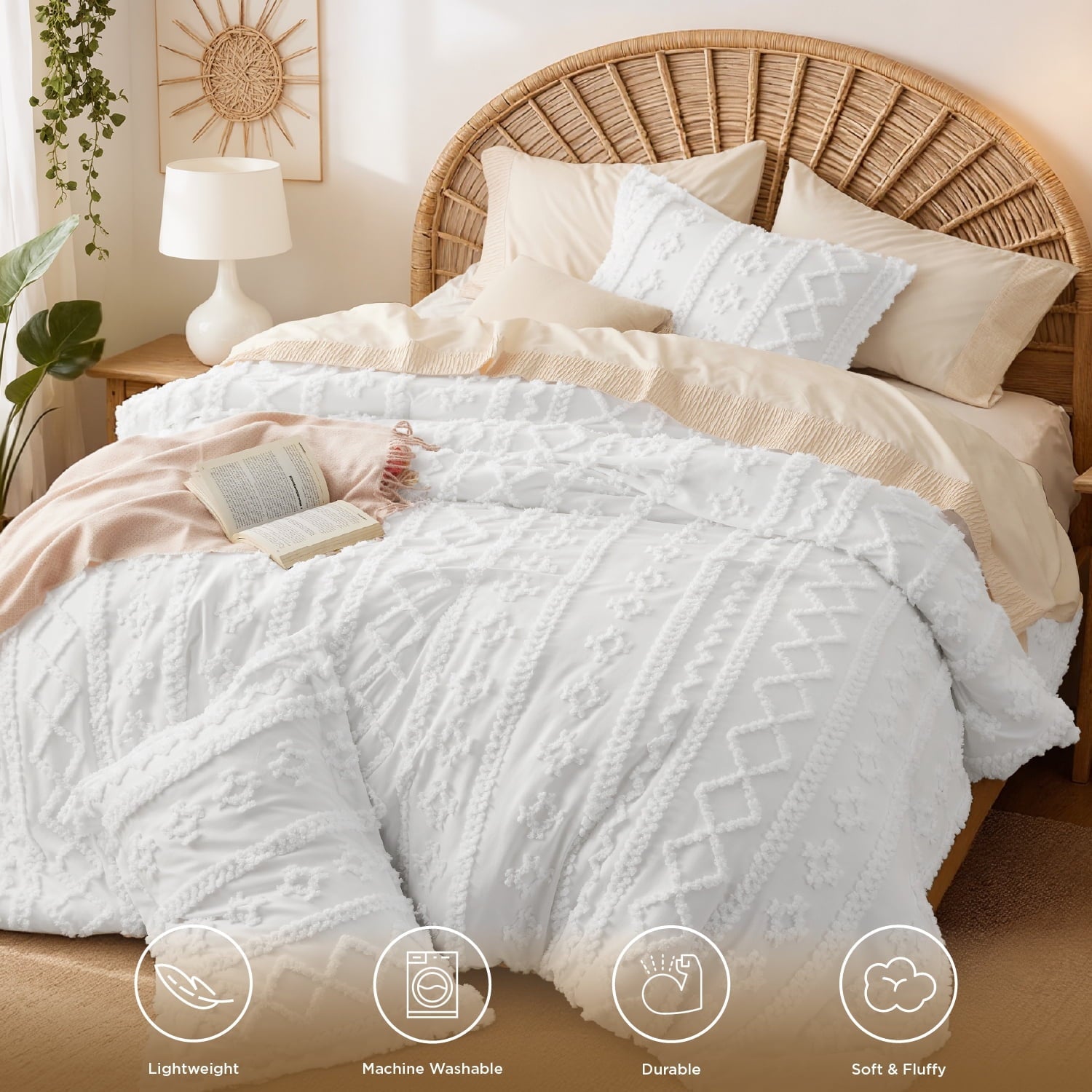 Luxurious Quilted Tufted Boho Comforter Set, 2 Pieces Farmhouse Shabby Chic Embroidery Bed Set, Soft Jacquard Comforter for All Seasons... - Cloud-Like Soft Lightweight Bed Comforter Detail
