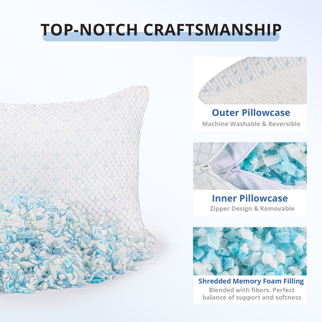 Orthopedic Support 2-Pack Adjustable Cooling Bed Pillows, Shredded Memory Foam Pillows Set of 2, Standard Queen, Dual Sides - Orthopedic Shredded Foam Bed Pillow Set Detail