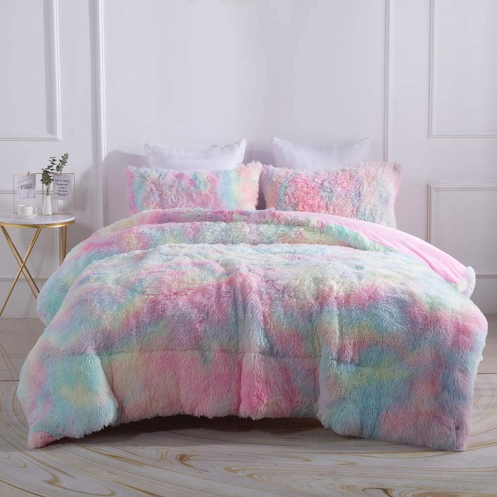 Heavyweight Warmth Plush Shaggy Comforter Set Fluffy Fuzzy Faux Fur Bedding Set - Microfiber Soft Warm Quilt Set(Rainbow Pink,Queen Size) - All-Season Down Alternative Comforter Insert Detail