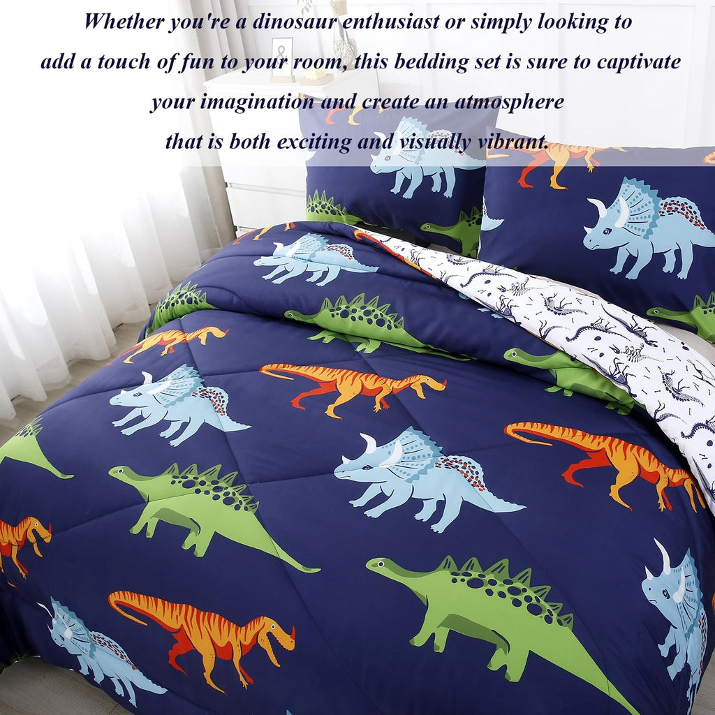 Hypoallergenic Cloud 3 Pcs Dinosaur Twin Size Bedding Sets for Boys, Dinosaur Printing Boys Comforter Set, Blue and White Reversible Bed C... - All-Season Down Alternative Comforter Insert Detail