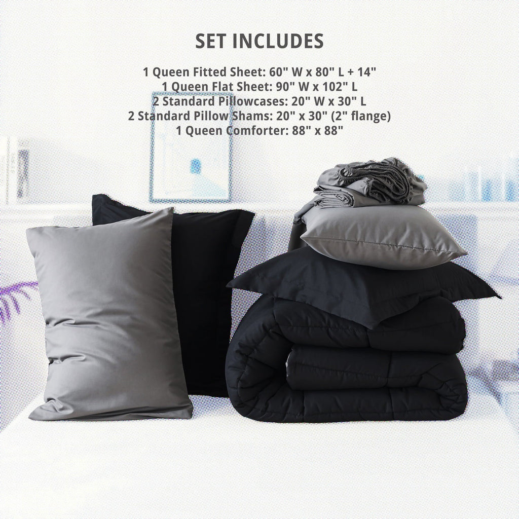 Heavyweight Warmth Queen Size 7 Piece Comforter Set | Bed in a Bag for Unisex Adult | Black/Gray - Hypoallergenic Ultra-Fluffy Quilt for Winter Detail