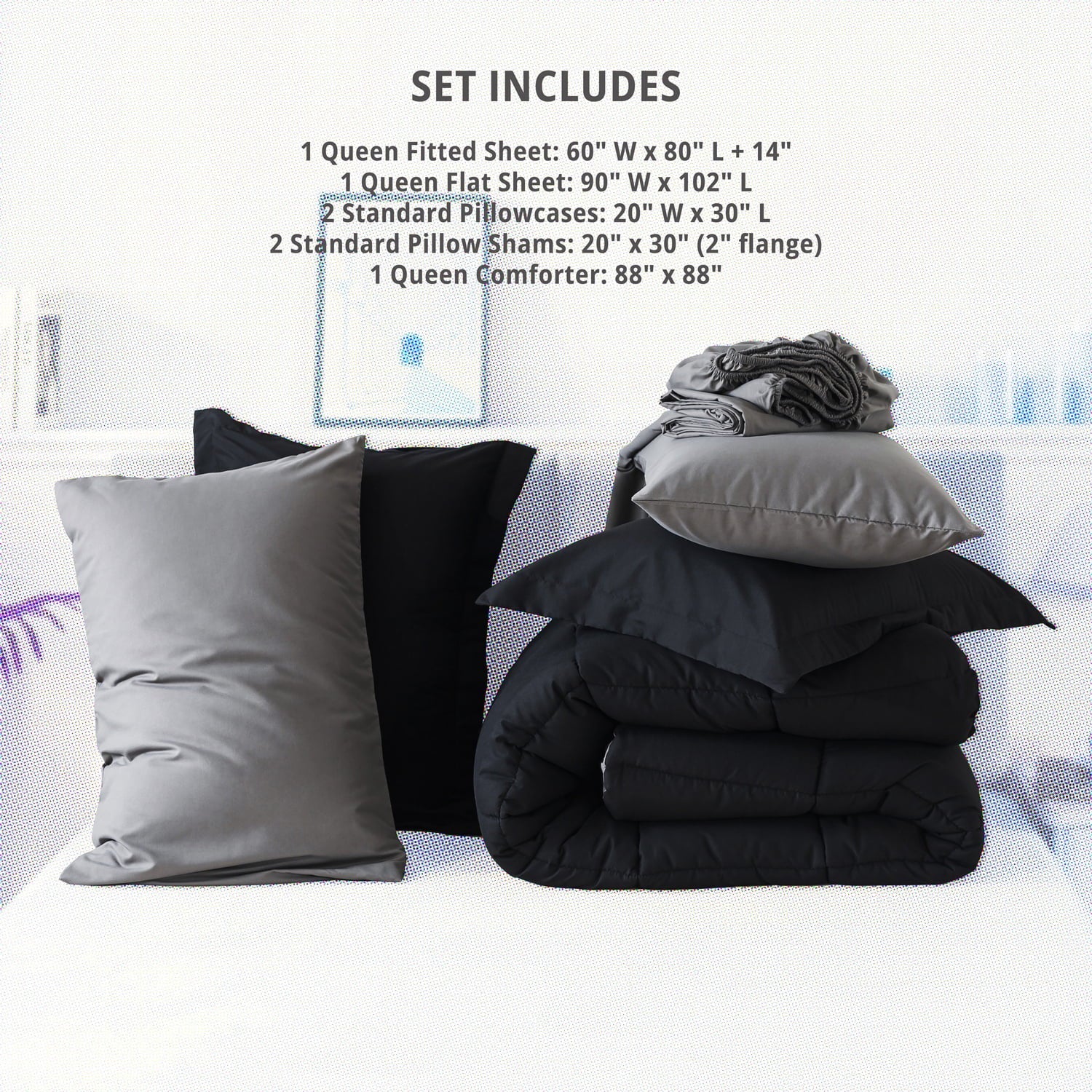 Heavyweight Warmth Queen Size 7 Piece Comforter Set | Bed in a Bag for Unisex Adult | Black/Gray - Hypoallergenic Ultra-Fluffy Quilt for Winter Detail