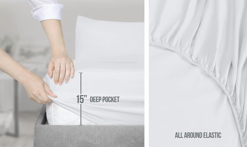 Wrinkle-Resistant Set, Soft Microfiber 4 Piece Hotel Luxury Bed s with Deep Pockets, Embroidered Pillow Cases, Side Storage Pocket Fitt... - Luxury Bed Sheet Set with Deep Pockets Detail